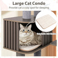 Carica l'immagine nel visualizzatore della galleria, Multi-level cat tree 59.5-inch tall with dark wood finish, gray posts, and detachable beige cushion