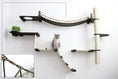 Load image into Gallery viewer, The Expedition Cat Jungle Gym Wall System wall-mounted cat condo with dark wood platforms and rope bridge.