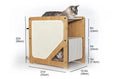 Load image into Gallery viewer, The Grotto short cat tree for small spaces by Catastrophic Creations; wooden cat condo with beige fabric panel.