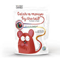 Load image into Gallery viewer, Cat toy Catch a Mouse by the Tail; red wool mouse, handmade in Nepal, Cat in the Box LLC.