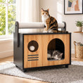 Bild in Galerie-Betrachter laden, Wooden cat house with scratching post and cushion; black frame, light wood panels, two cats