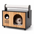 Bild in Galerie-Betrachter laden, DirectDeals wooden cat house with scratching post and cushion; natural wood panels, black frame, cat inside.