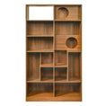 Load image into Gallery viewer, Front view of The Curator Cat Bookshelf in Brown with open shelves, varied cubbies, and circular cat openings