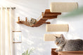 Load image into Gallery viewer, Corner Cat Shelf Bridge wooden wall-mounted cat bridge with rope-net walkway and three beige sisal cylinders; two cats