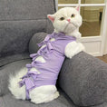 Gallery viewerに画像を読み込む, Lace-up cat recovery wear; lavender striped polyester with decorative bows along the back.