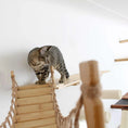 Load image into Gallery viewer, Corner Cat Shelf Bridge; natural wood steps with rope supports mounted to wall.