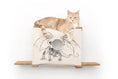 Carica l'immagine nel visualizzatore della galleria, Cat Cubby for Wall - Covered Cat Bed by Catastrophic Creations; beige fabric cube with circular entry on wood shelves, cat lounging.