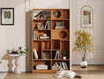 Load image into Gallery viewer, The Curator Cat Bookshelf in Brown against a living-room wall, styled with books and decor and two cats
