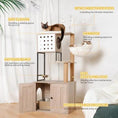 Bild in Galerie-Betrachter laden, Haven Loft Cat Tower feature graphic showing the upper cushion, hammock, hanging toys, mounted bowl, scratching posts, and lower cabinet.