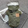Carica l'immagine nel visualizzatore della galleria, Padded Dog Clothes Padded Coat For Small Dogs in army green with faux fur hood, ideal for cold weather.