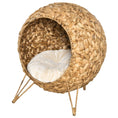 Load image into Gallery viewer, Cozy Elevated Cat Bed by Doba; handwoven brown rattan cat condo with soft cushion
