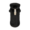 Carica l'immagine nel visualizzatore della galleria, Black sheepskin dog coat with plush shearling trim and beige patterned strap with gold D-ring
