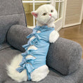 Gallery viewerに画像を読み込む, Lace-up cat sterilization clothing in blue striped polyester with back bows, on a white cat.
