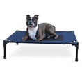Load image into Gallery viewer, K&H elevated dog bed with blue fabric frame, dog lounging on it.