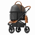 Cargar la imagen en la vista de la galería, Furvelo Jogger Pet Stroller; black dog pram with leopard-print canopy, brown leather handles, and a side storage bag.