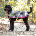 Load image into Gallery viewer, Jeffers Expression 600D waterproof ripstop dog coat with black-and-white checkered fabric, pink trim, and green straps.