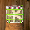 Bild in Galerie-Betrachter laden, Jeffers Expression Horse Fan Bag with neon green straps and black-white checker top housing a fan.