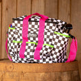Load image into Gallery viewer, Jeffers Expressions Deluxe horse grooming bag with adjustable pink strap and neon green accents in checkerboard pattern.