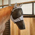 Load image into Gallery viewer, Jeffers Expression Deluxe mesh horse fly mask with ears and nose, black mesh with checkered trim