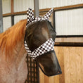 Load image into Gallery viewer, Jeffers Expression Deluxe Mesh Horse Fly Mask with Ears and Nose, black mesh with black-and-white checkered trim on a horse