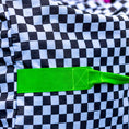 Load image into Gallery viewer, Jeffers Expression Full Hay Bale Tote Bag with bright green strap on black-and-white checkered fabric