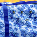 Load image into Gallery viewer, Jeffers Expression Full Hay Bale Tote Bag, blue-and-white toile pattern with metal grommets and blue strap