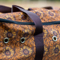 Load image into Gallery viewer, Jeffers Expression Full Hay Bale Tote Bag with sunflower-pattern fabric, purple handles and zipper.