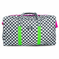 Load image into Gallery viewer, Jeffers Expression Equestrian Nylon Gear Bag duffel; black-and-white checker pattern with neon green straps.
