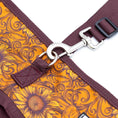 Bild in Galerie-Betrachter laden, Jeffers Expression Horse Fan Bag with purple trim and orange sunflower-pattern fabric; silver metal hardware.