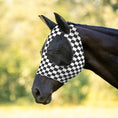 Load image into Gallery viewer, Jeffers Expression Lycra Horse Fly Mask with Ears on a black horse with black-and-white checkerboard pattern