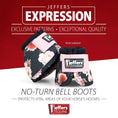 Load image into Gallery viewer, Jeffers Expressions No-Turn Bell Boots for Horses, pair, nylon with floral navy pattern and pink Velcro straps