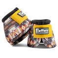 Load image into Gallery viewer, Jeffers Expressions No-Turn bell boots for horses, pair, nylon with yellow Velcro straps and geometric pattern