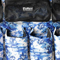 Cargar la imagen en la vista de la galería, Jeffers Expressions trailer-door horse grooming caddy in black mesh with blue-and-white patterned pouches