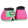Load image into Gallery viewer, Jeffers Expressions Neon No-Turn Bell Boots for Horses, neon pink with bright green trim and black cuffs, pair shown together