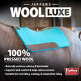 Bild in Galerie-Betrachter laden, Jeffers WoolLuxe 100% wool saddle pad in turquoise on a horse; cushioned, breathable with brown leather patches.