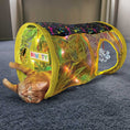 Load image into Gallery viewer, KONG Play Spaces Rave Cave cat toy tunnel with bright yellow trim, holographic foil walls, and PAW PARTY sign.