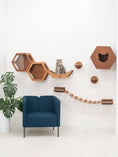 Bild in Galerie-Betrachter laden, Small Cat House by Enjoy The Wood B2B; hexagonal wooden cat condos mounted on wall with cat on ramp