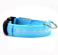 Load image into Gallery viewer, Blue LumaGlow adjustable LED dog collar with a pale center strip, black buckle, and metal D-ring.
