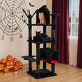 Load image into Gallery viewer, 70-Inch Gothic Cat Tree by DirectDeals; black velvet cat tower with castle bed, coffin bed, and 2 cats.