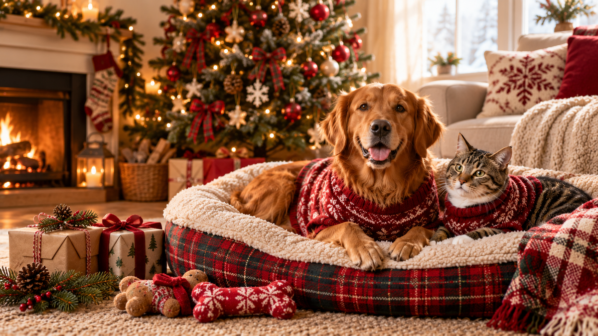 A dog and cat beside a Christmas tree and wrapped gifts