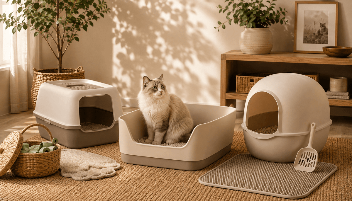 Woven rattan cat litter box with entrance and top bed where two cats lounge and exit