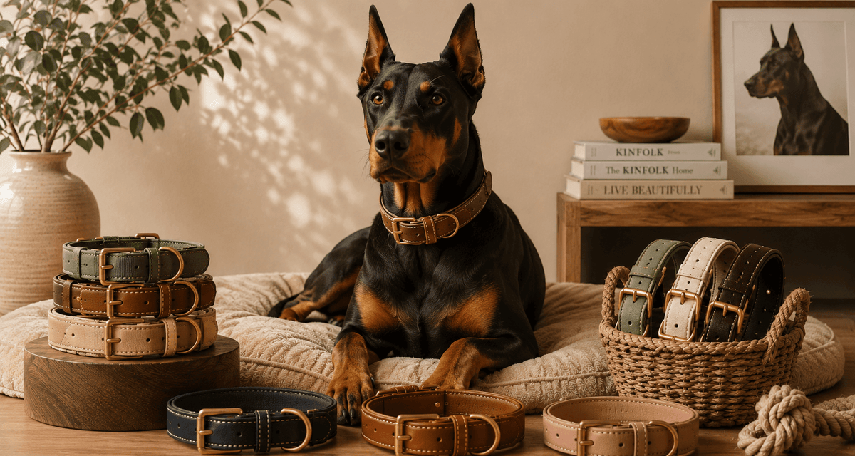 A black Doberman with brown markings wearing a studded leather dog collar and a black baseball cap.