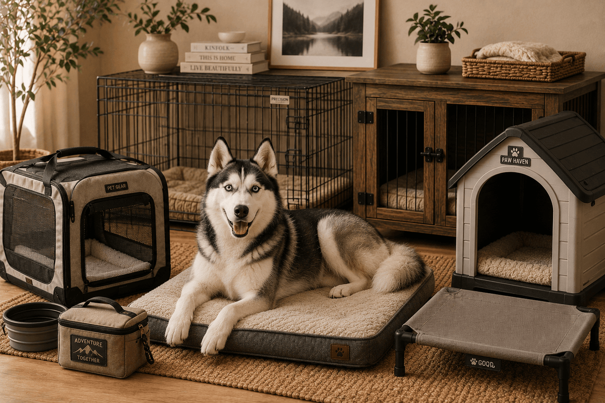 Black metal dog crate kennel with lattice roof and wheels inside modern living room