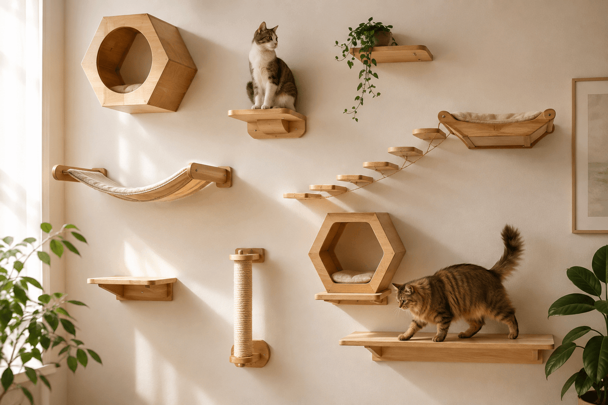 Gray cat ascending wooden hanging cat shelves and ladder bridge on white wall.