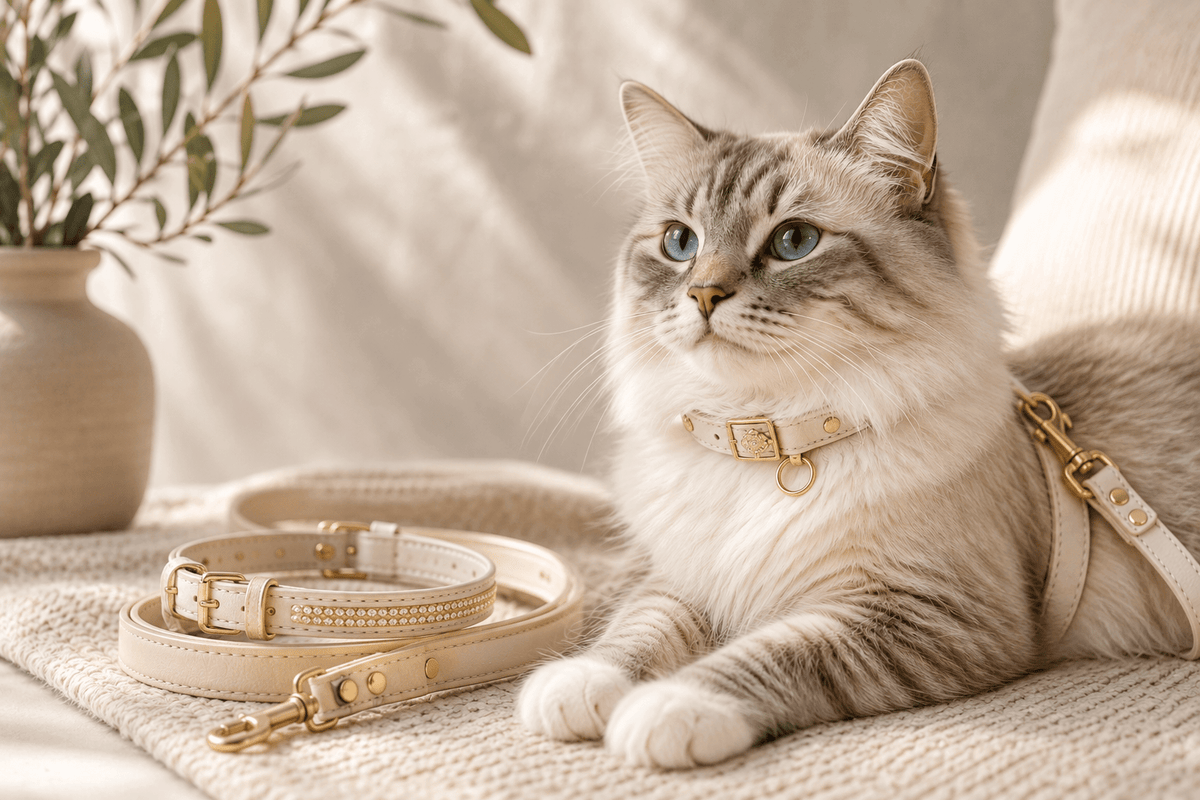 Siamese cat wearing a gold chain collar, showcasing stylish pet accessories for safe walks and everyday comfort.