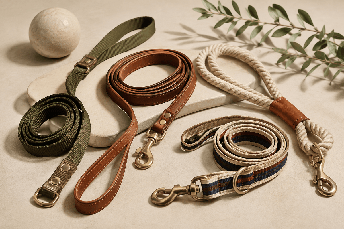 Black leather dog leash with crystal studs and silver hardware resting on a wooden surface