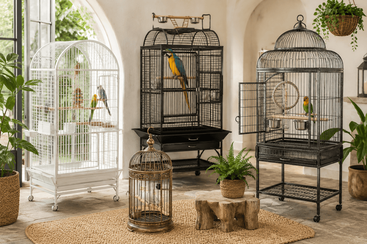 White outdoor bird cage with black roof on stone patio beside wicker sofa