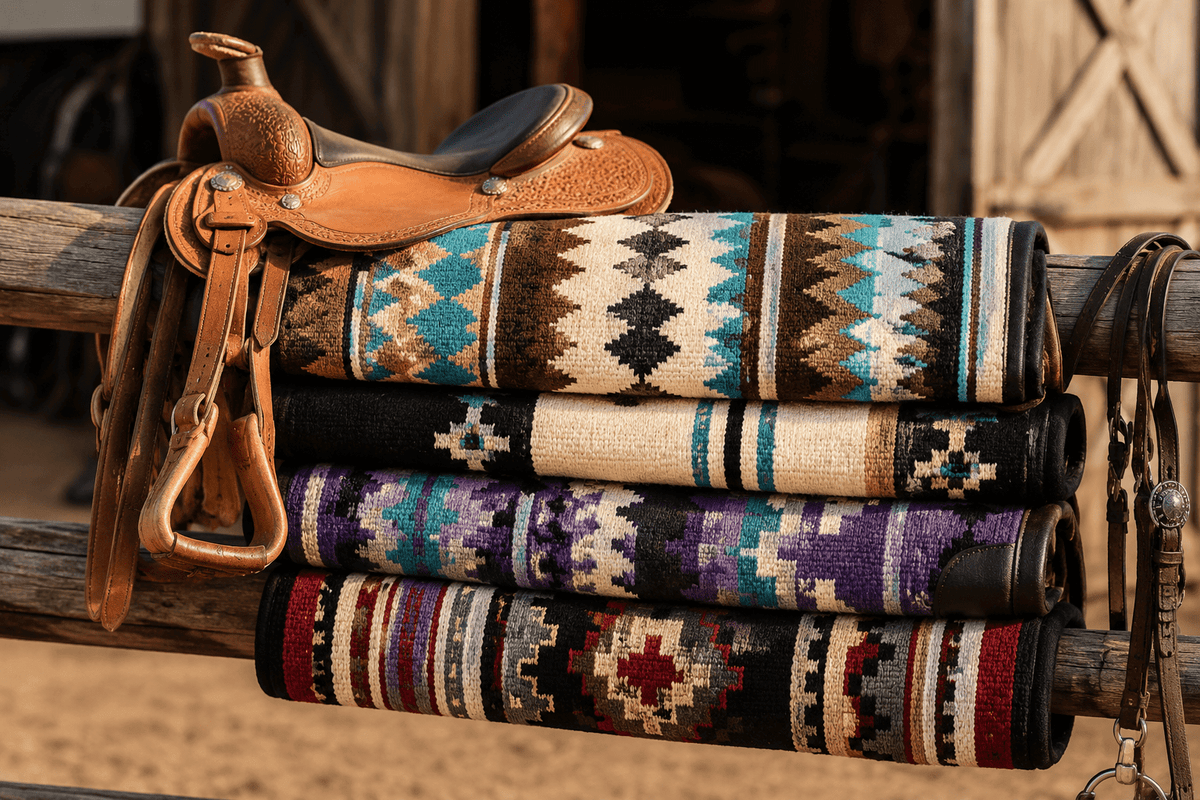 Brown leather western saddle on a wooden rack atop a colorful patterned printed saddle blanket