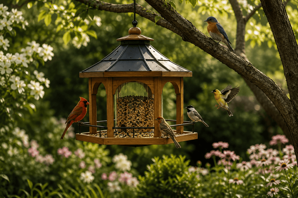 Blue rustic wooden birdhouse with painted birds and leaves hanging from a tree branch