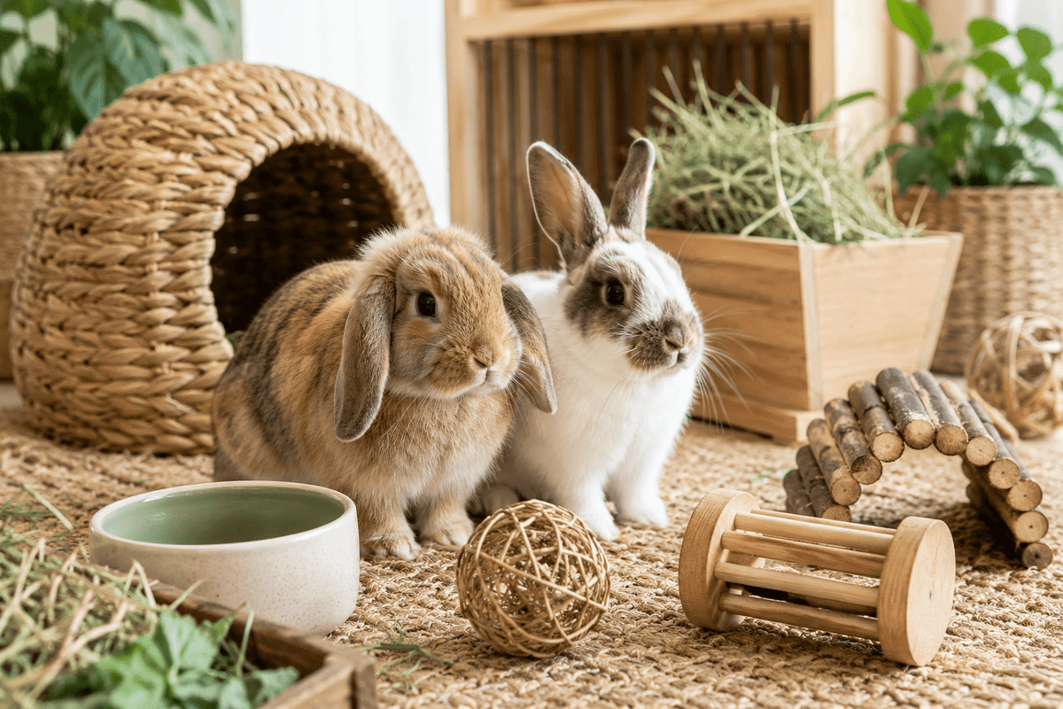 Gray rabbit standing next to wooden cat scratching toy with rope ball